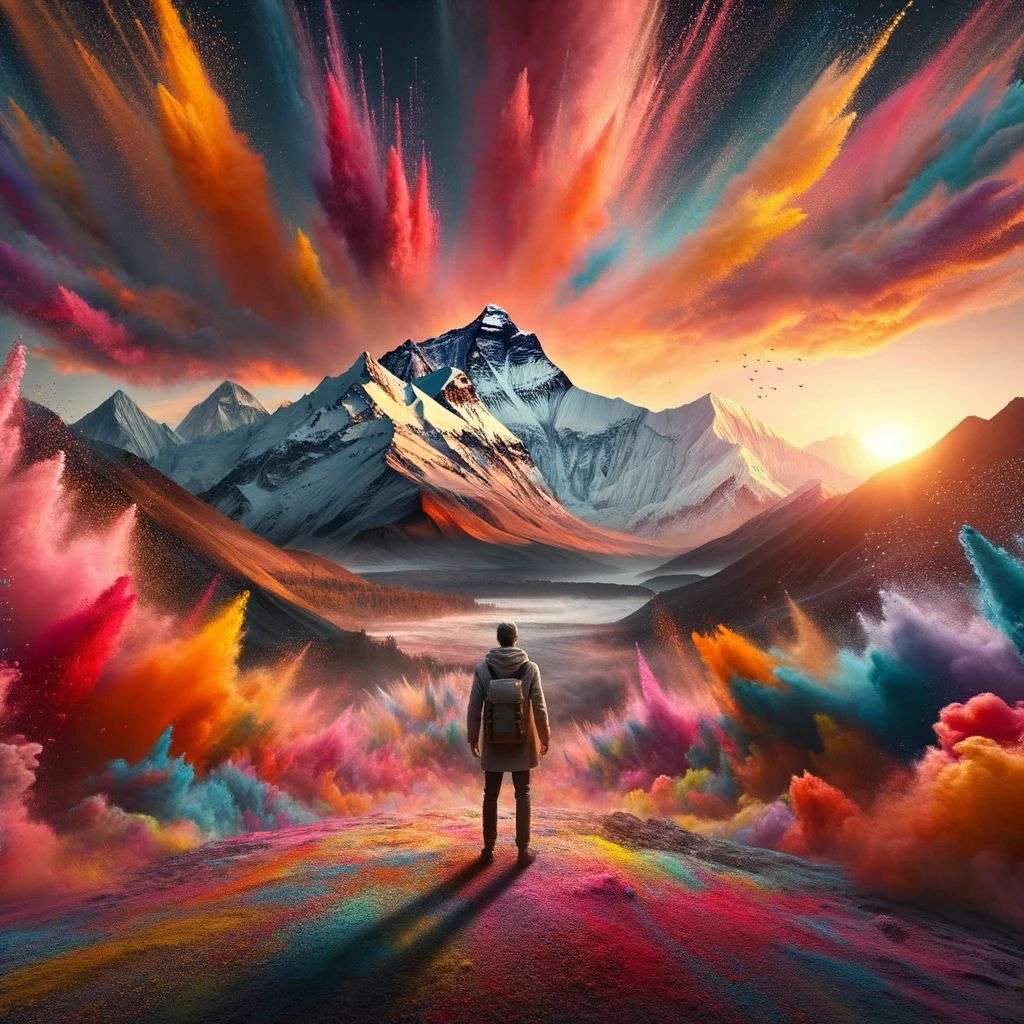 someone gazing at Mount Everest, made from a burst of colored powder, digital art